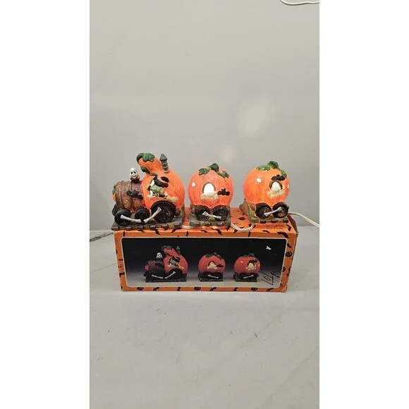 Vintage Porcelain Spooky Haunted Haven Halloween Pumpkin Train Night Light Set - Picture 7 of 8